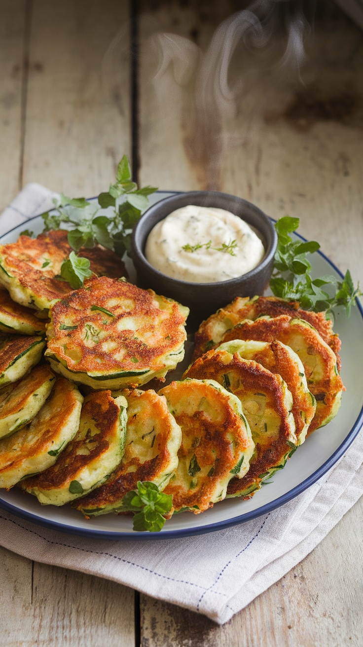 Golden zucchini fritters served with creamy garlic dip on a rustic table.